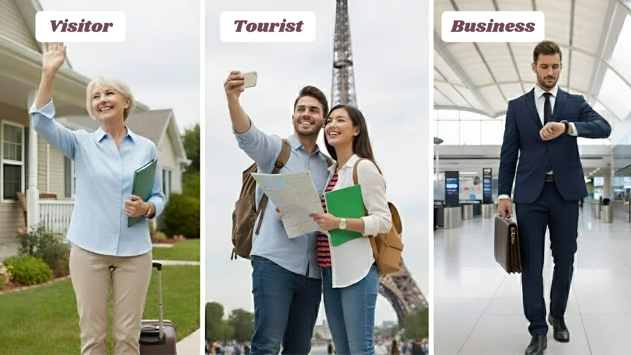 Visitor visa vs tourist visa comparison showing visitor, tourist, and business travelers