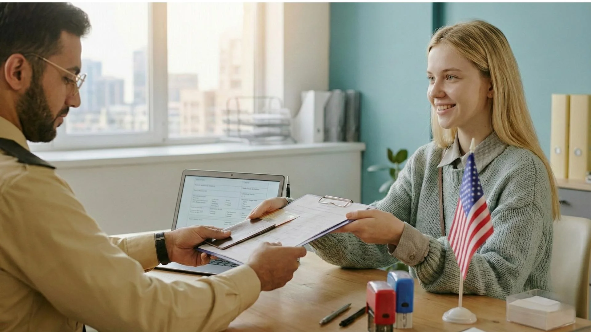 USA visa appointment process showing applicant submitting documents at visa office