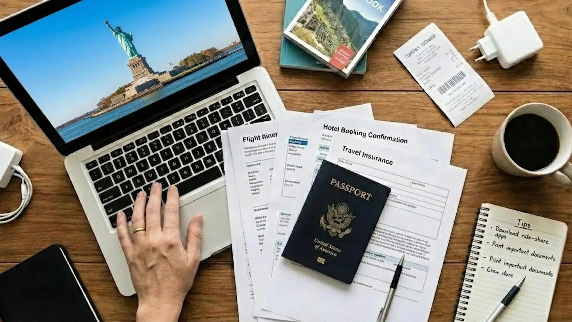 USA visa application documents with passport, flight details, and travel planning