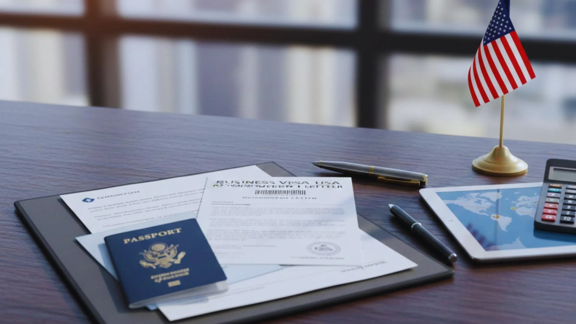 Business Visa USA documents with passport, approval letter, and American flag on office desk