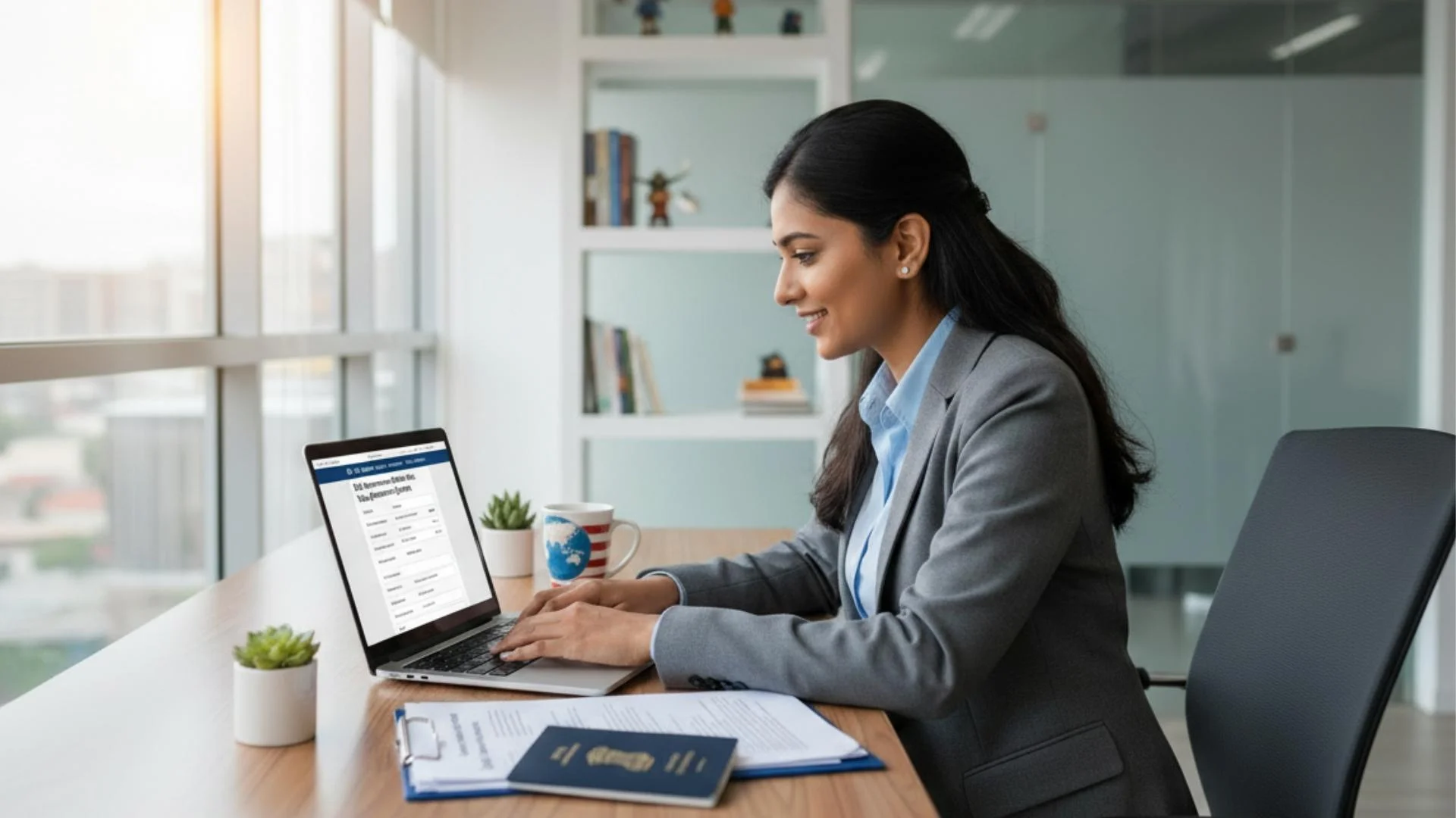 Professional woman booking a US Travel Visa Appointment on a laptop with an Indian passport on the desk.