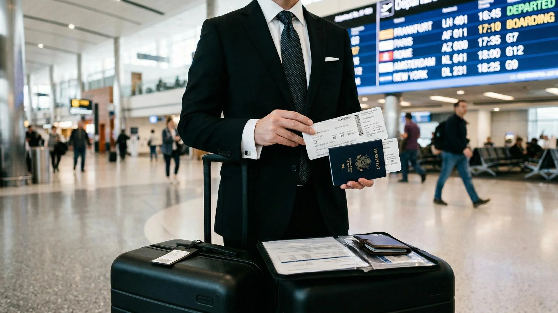 US Business Travel Visa holder at airport with passport and boarding pass