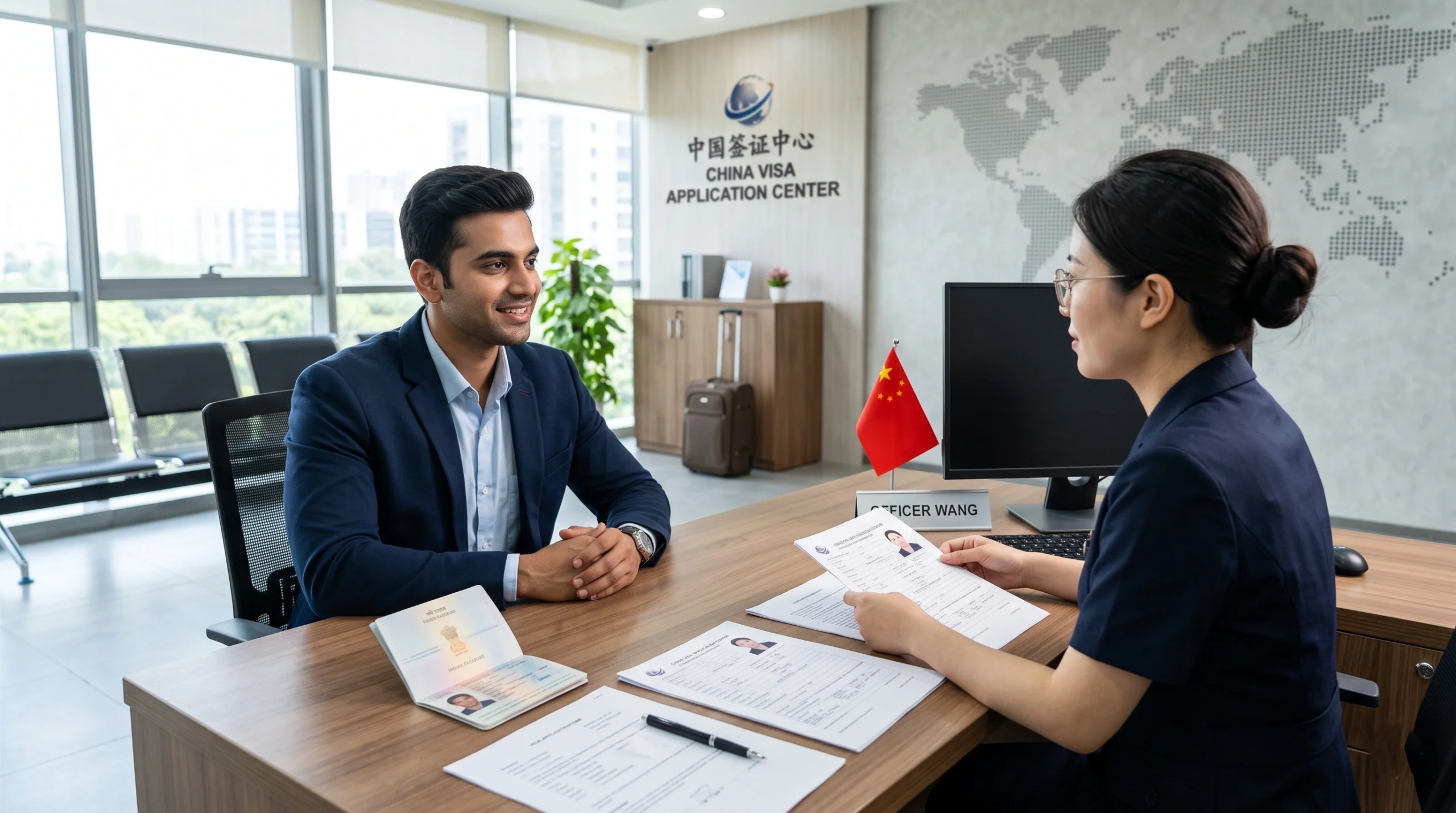 Indian applicant attending a China visa interview with a visa officer at the China Visa Application Center, discussing documents and passport during the visa application process.