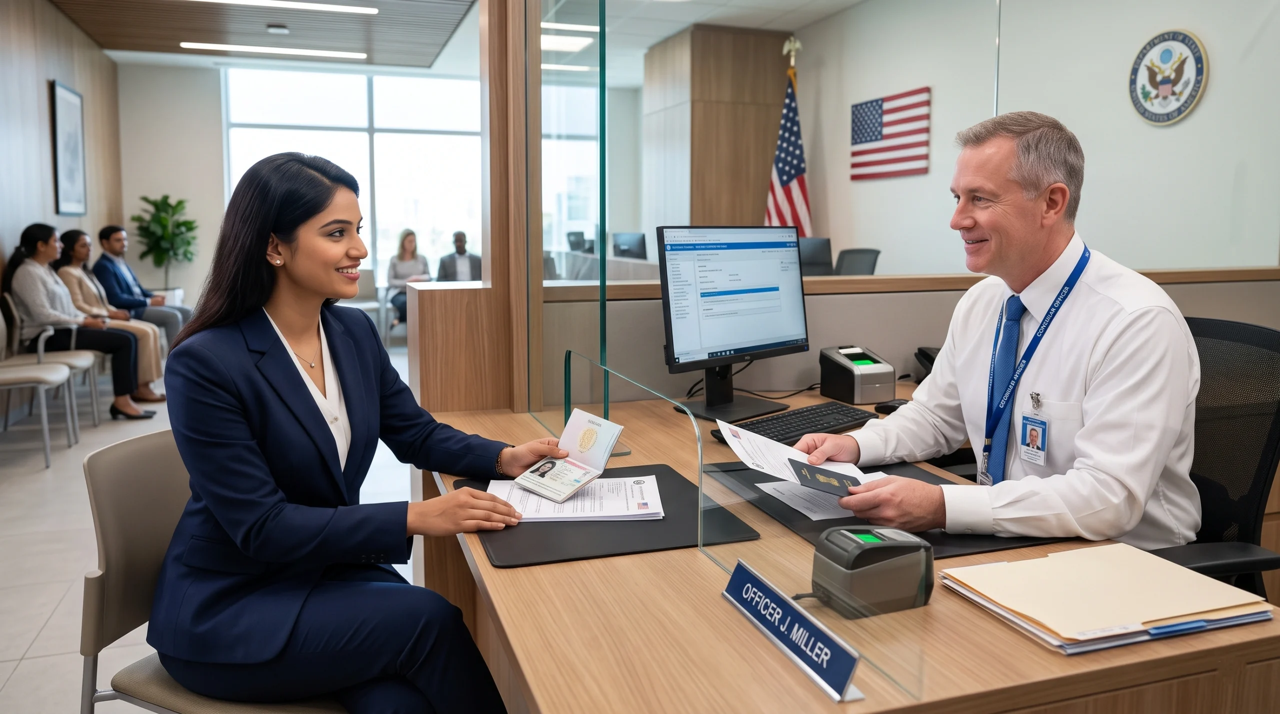 Indian visa applicant attending an American visa application interview and handing over a passport to a U.S. visa officer at the embassy interview counter.