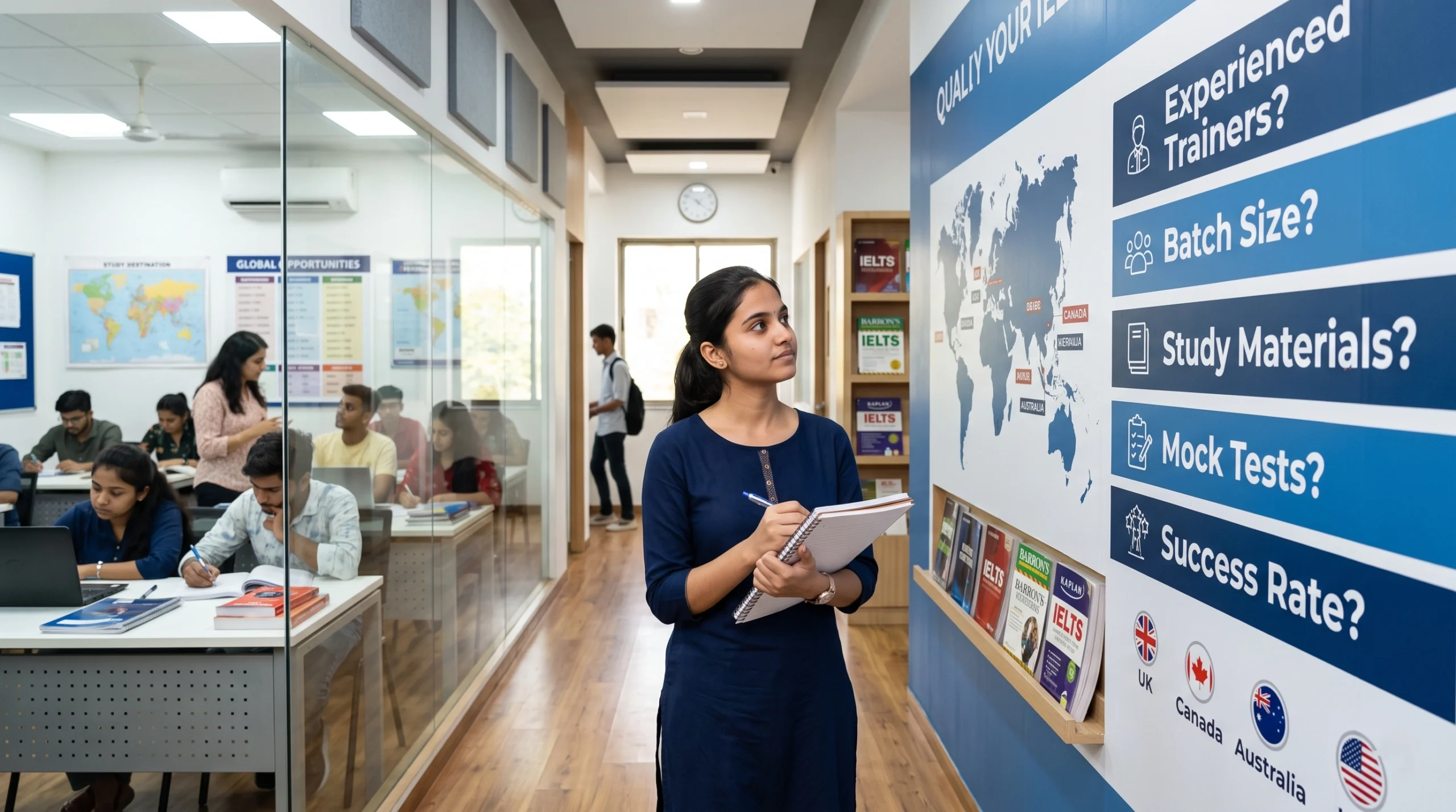 Student evaluating IELTS coaching options in Vadodara by reviewing trainer experience, batch size, study materials, mock tests, and success rate at an IELTS institute.