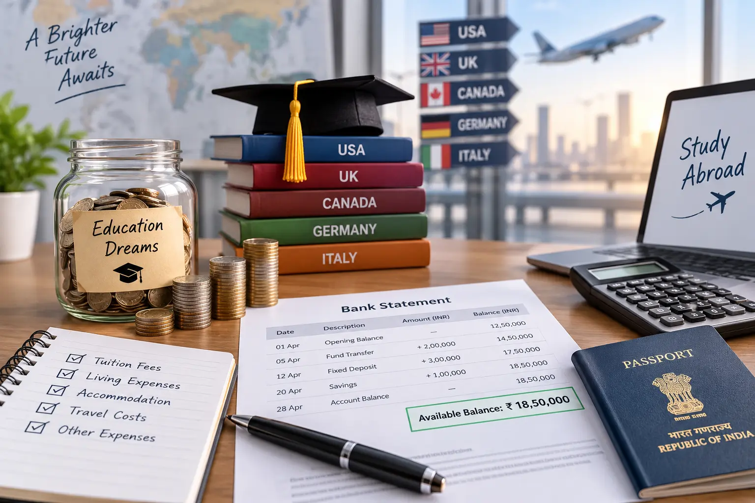 Bank Balance requirements for studying abroad with financial proof, savings, and education expenses