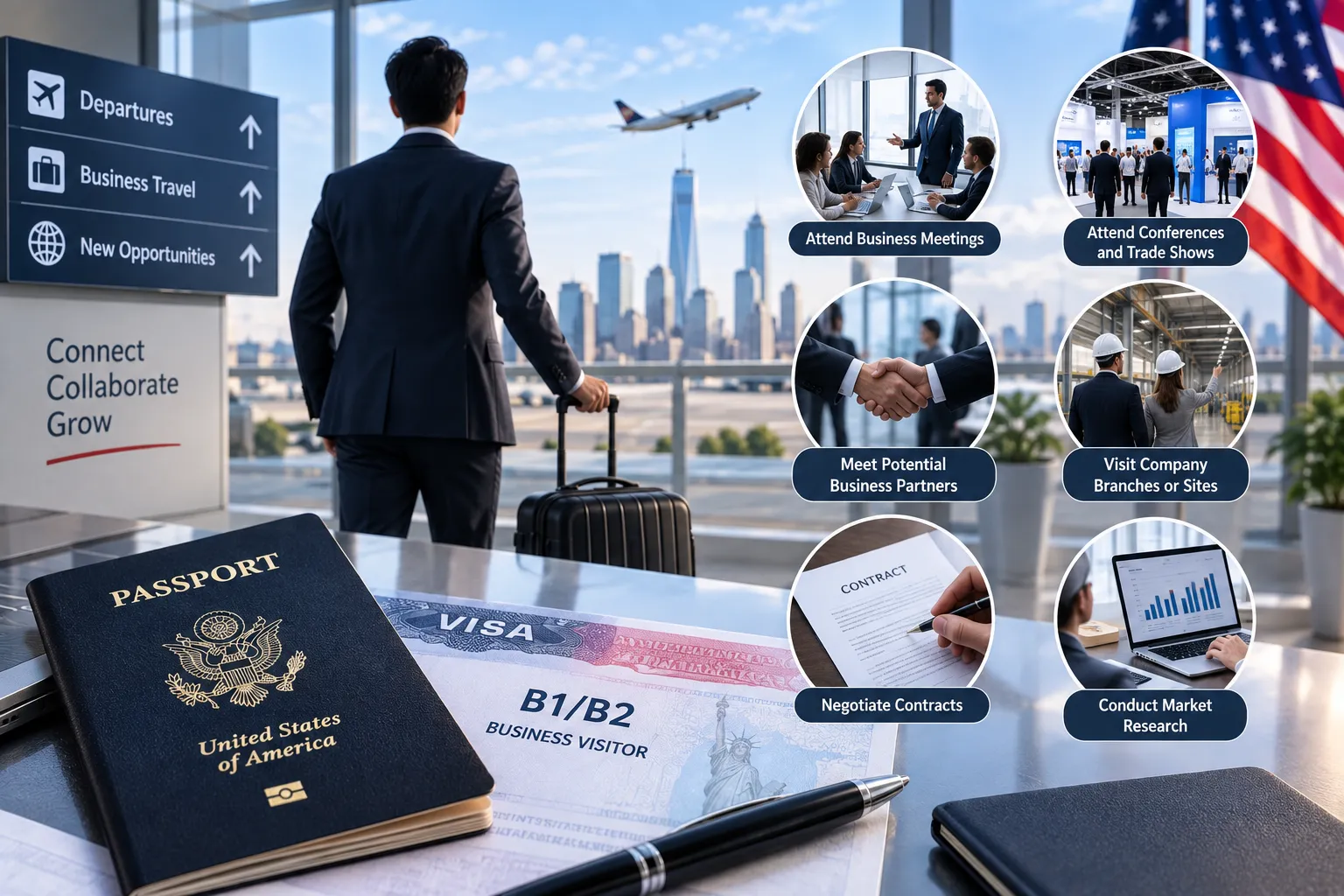 Business Visa for international travel showing a B1/B2 business visitor visa, meetings, conferences, and business opportunities