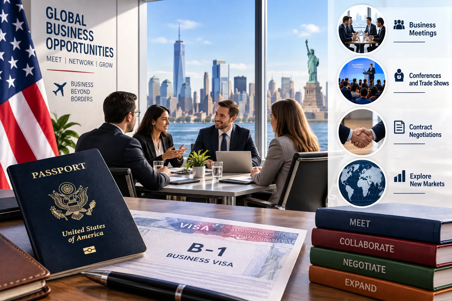 Business Meetings in the USA with professionals discussing contracts, conferences, and international business opportunities