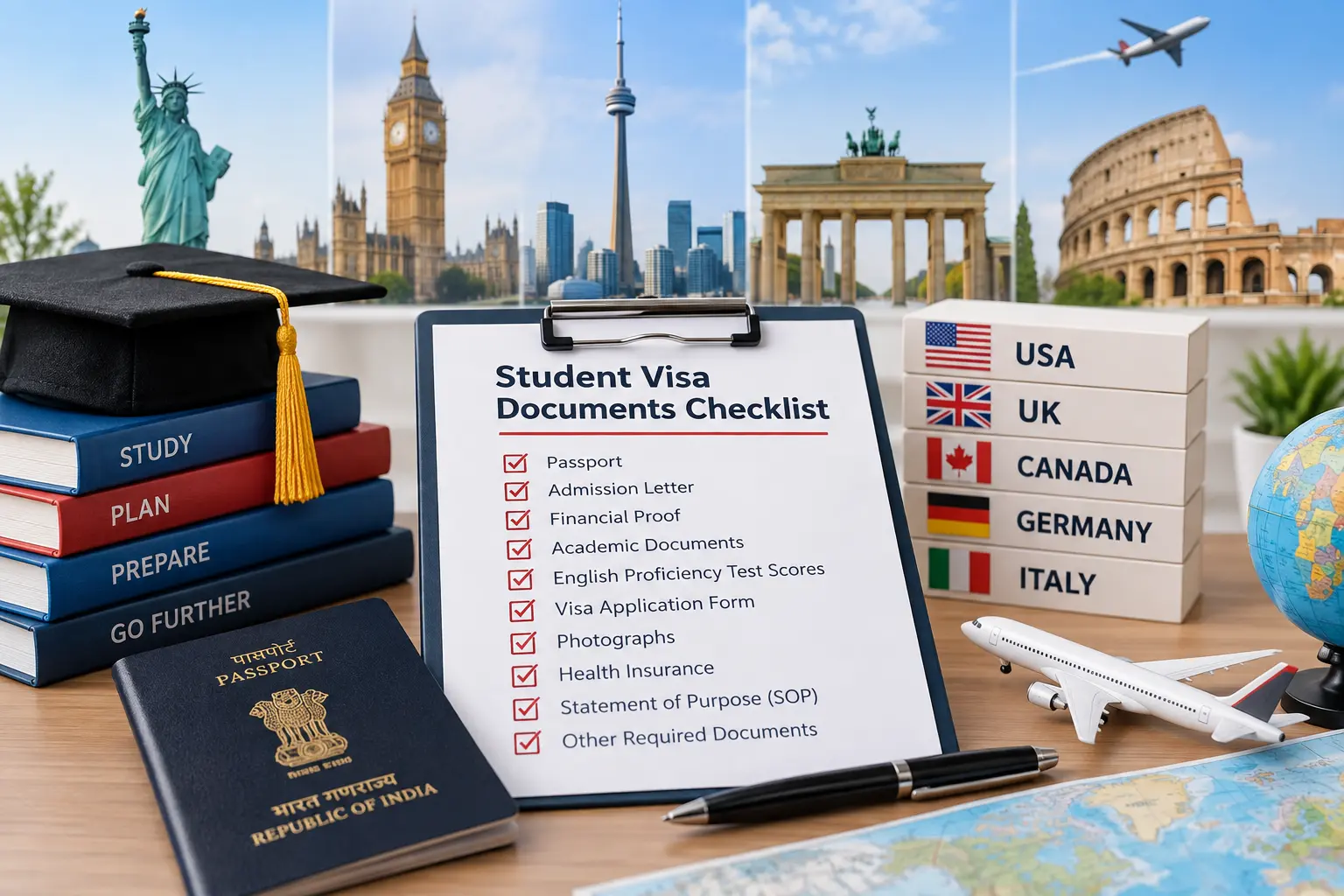 Student Visa Documents checklist for Indian students applying to study in the USA, UK, Canada, Germany, and Italy