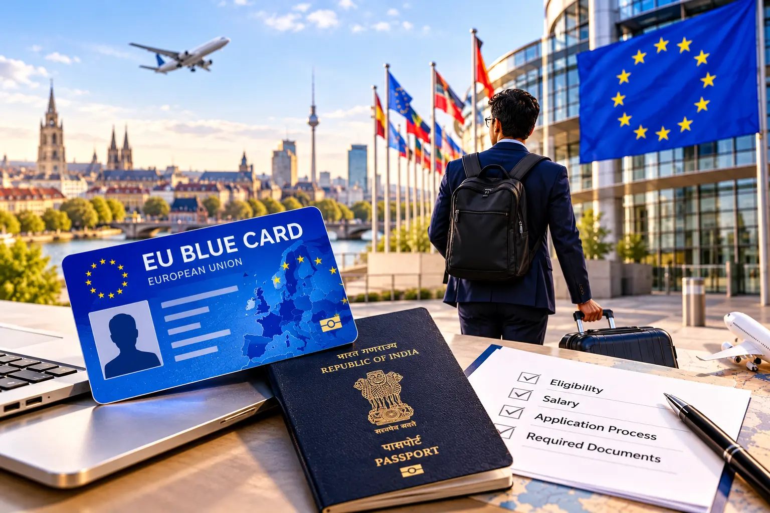 EU Blue Card for Indian professionals with an Indian passport, European Union flag, and a professional arriving in Europe.