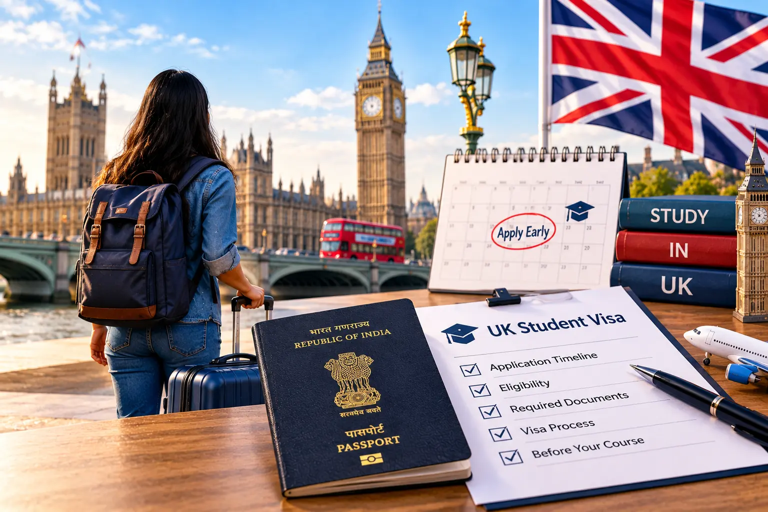 UK Student Visa for Indian students with an Indian passport, Big Ben, the Union Jack flag, and an application timeline calendar.